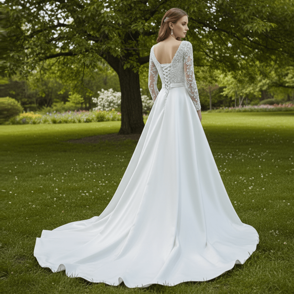 Low Back Long Sleeve Satin Sheer V-neck Wedding Dress with Leg Slit - Rosymae