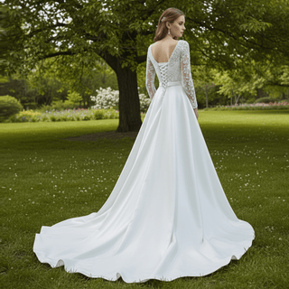 Low Back Long Sleeve Satin Sheer V-neck Wedding Dress with Leg Slit - Rosymae