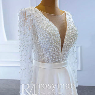 Low Back Long Sleeve Satin Sheer V-neck Wedding Dress with Leg Slit - Rosymae