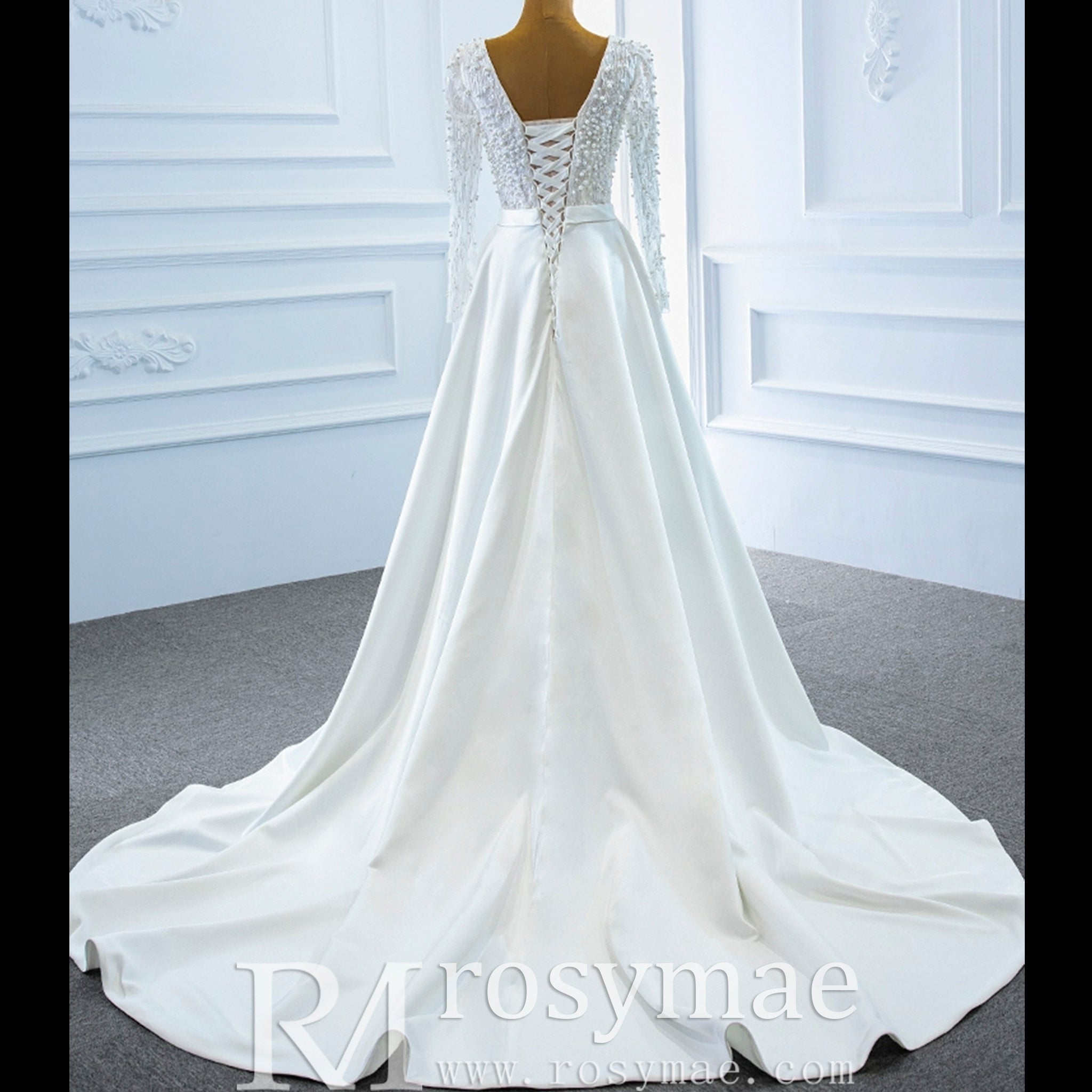 Low Back Long Sleeve Satin Sheer V-neck Wedding Dress with Leg Slit - Rosymae