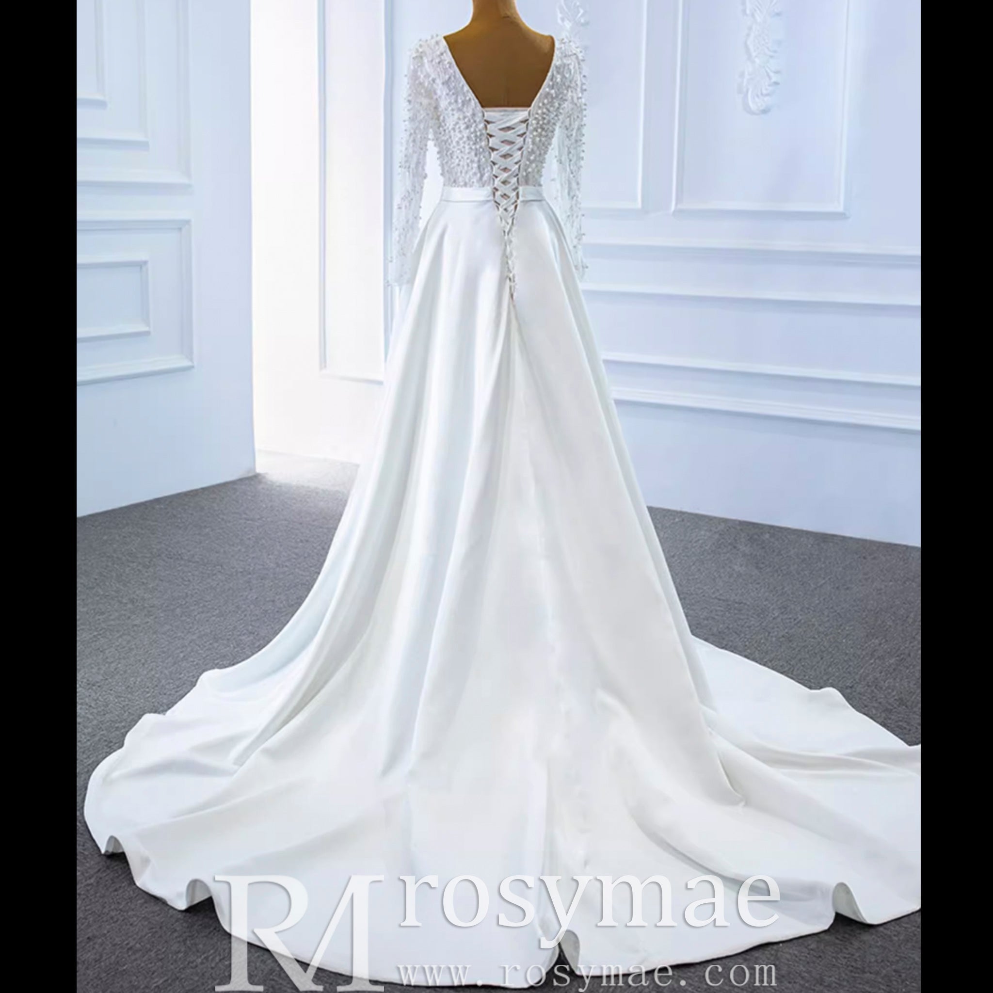 Low Back Long Sleeve Satin Sheer V-neck Wedding Dress with Leg Slit - Rosymae
