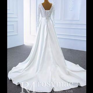 Low Back Long Sleeve Satin Sheer V-neck Wedding Dress with Leg Slit - Rosymae