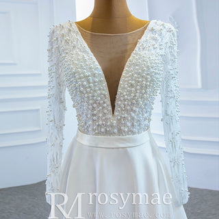 Low Back Long Sleeve Satin Sheer V-neck Wedding Dress with Leg Slit - Rosymae