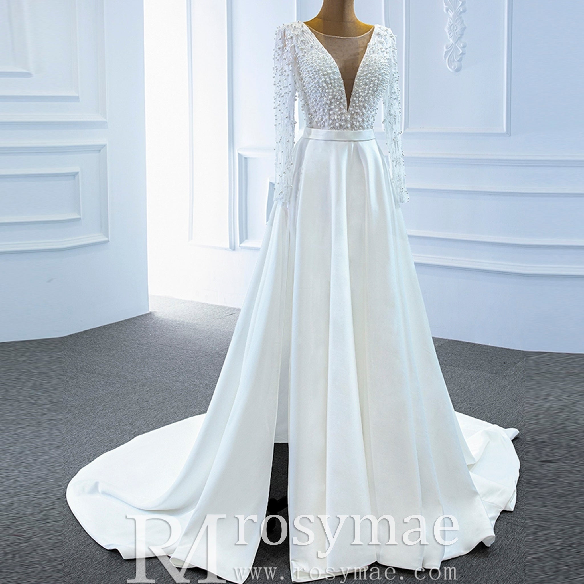 Low Back Long Sleeve Satin Sheer V-neck Wedding Dress with Leg Slit - Rosymae