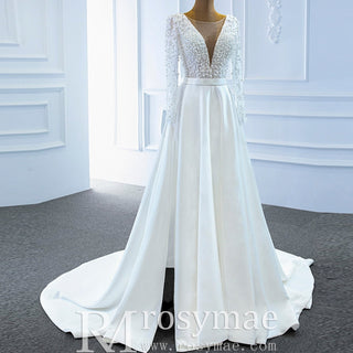 Low Back Long Sleeve Satin Sheer V-neck Wedding Dress with Leg Slit - Rosymae