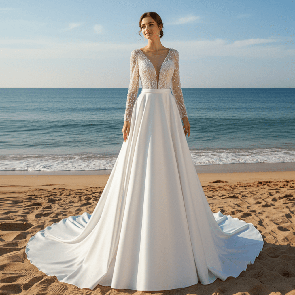 Low Back Long Sleeve Satin Sheer V-neck Wedding Dress with Leg Slit - Rosymae