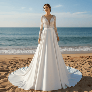 Low Back Long Sleeve Satin Sheer V-neck Wedding Dress with Leg Slit - Rosymae
