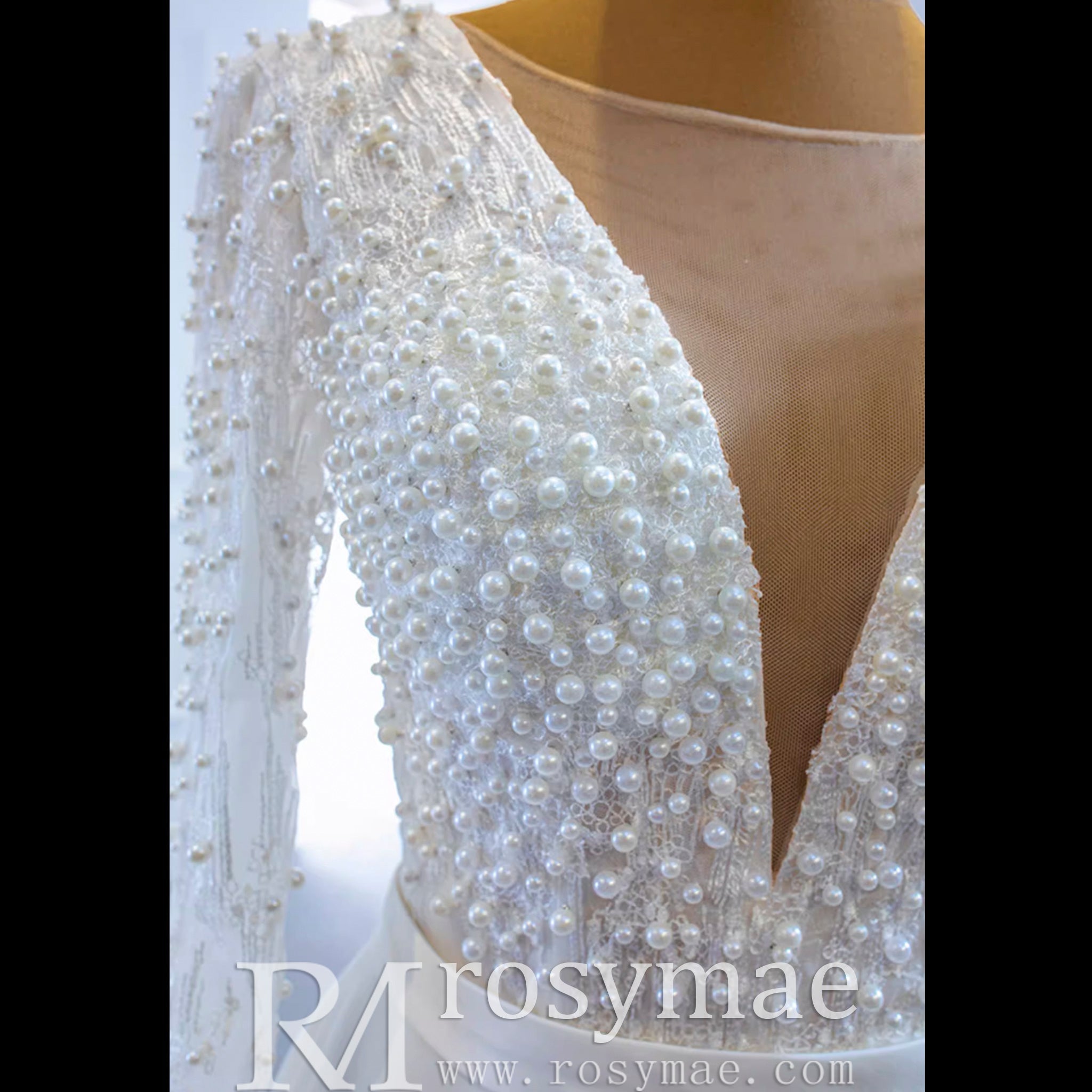 Low Back Long Sleeve Satin Sheer V-neck Wedding Dress with Leg Slit - Rosymae