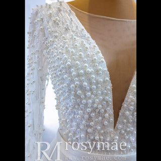 Low Back Long Sleeve Satin Sheer V-neck Wedding Dress with Leg Slit - Rosymae