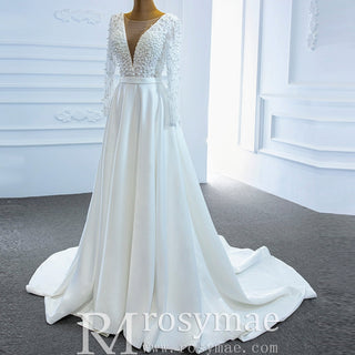 Low Back Long Sleeve Satin Sheer V-neck Wedding Dress with Leg Slit - Rosymae