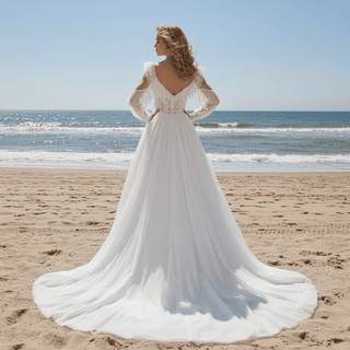 Low Back Off Shoulder Long Sleeve A-line Tulle Wedding Dress - Rosymae