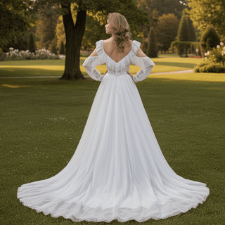 Low Back Off Shoulder Long Sleeve A-line Tulle Wedding Dress - Rosymae
