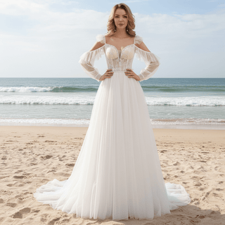 Low Back Off Shoulder Long Sleeve A-line Tulle Wedding Dress - Rosymae