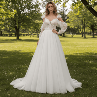 Low Back Off Shoulder Long Sleeve A-line Tulle Wedding Dress - Rosymae