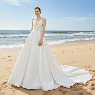 Low Back Strapless Satin A-line Wedding Dress with Beading - Rosymae