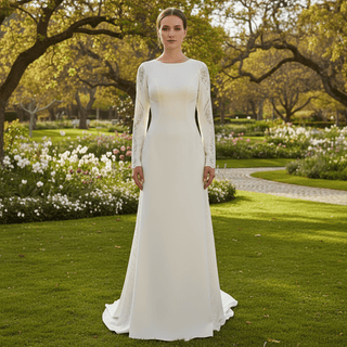 Low Back Vintage Wedding Dress High Neck Bridal Gown with Long Sleeve - Rosymae