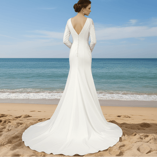 Low Back Vintage Wedding Dress High Neck Bridal Gown with Long Sleeve - Rosymae