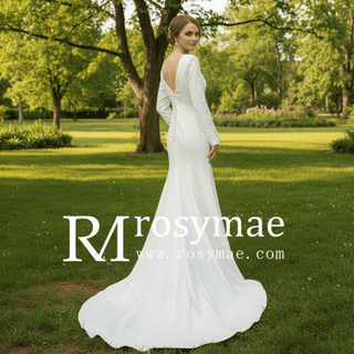 Low Back Vintage Wedding Dress High Neck Bridal Gown with Long Sleeve - Rosymae