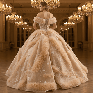 Luxurious Champagne-Gold Wedding Dress with Off-the-Shoulder & Shimmering Embroidery - Rosymae