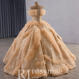 Luxurious Champagne-Gold Wedding Dress with Off-the-Shoulder & Shimmering Embroidery - Rosymae