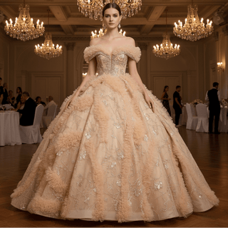 Luxurious Champagne-Gold Wedding Dress with Off-the-Shoulder & Shimmering Embroidery - Rosymae