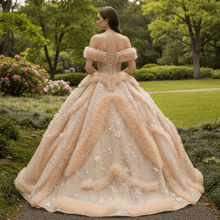 Luxurious Champagne-Gold Wedding Dress with Off-the-Shoulder & Shimmering Embroidery - Rosymae