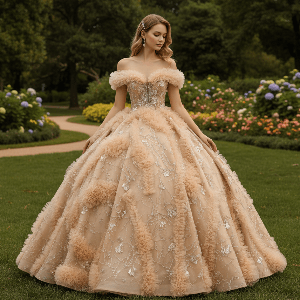 Luxurious Champagne-Gold Wedding Dress with Off-the-Shoulder & Shimmering Embroidery