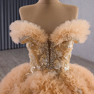 Luxurious Champagne-Gold Wedding Dress with Off-the-Shoulder & Shimmering Embroidery - Rosymae