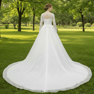 Luxurious Lace Illusion Long Sleeve Ball Gown Wedding Dress - Rosymae