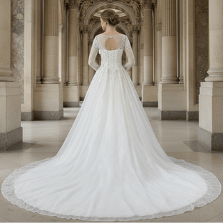 Luxurious Lace Illusion Long Sleeve Ball Gown Wedding Dress - Rosymae