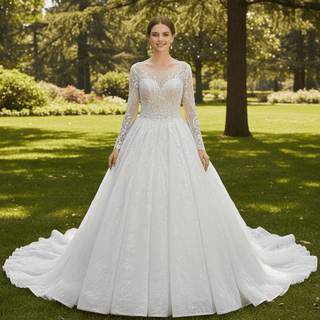 Luxurious Lace Illusion Long Sleeve Ball Gown Wedding Dress - Rosymae