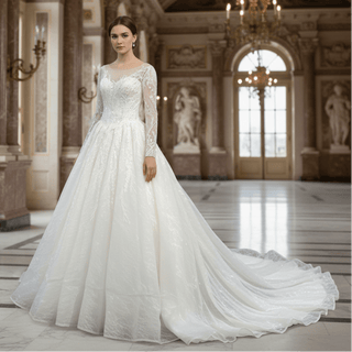 Luxurious Lace Illusion Long Sleeve Ball Gown Wedding Dress - Rosymae