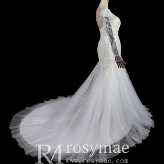 Luxurious Puff Sleeves Mermaid Wedding Dress with Illusion High-Neck - Rosymae