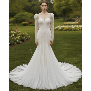 Luxurious Puff Sleeves Mermaid Wedding Dress with Illusion High-Neck - Rosymae