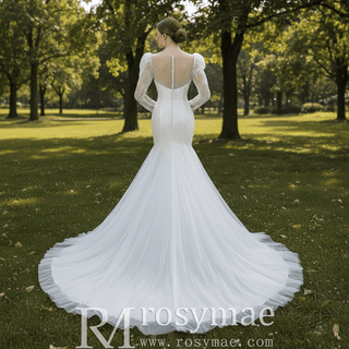 Luxurious Puff Sleeves Mermaid Wedding Dress with Illusion High-Neck - Rosymae