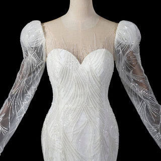 Luxurious Puff Sleeves Mermaid Wedding Dress with Illusion High-Neck - Rosymae