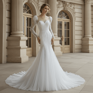 Luxurious Puff Sleeves Mermaid Wedding Dress with Illusion High-Neck - Rosymae