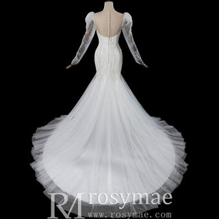 Luxurious Puff Sleeves Mermaid Wedding Dress with Illusion High-Neck - Rosymae
