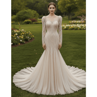 Luxurious Puff Sleeves Mermaid Wedding Dress with Illusion High-Neck - Rosymae