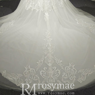 Luxury A-line Tulle Aplliqued Lace Wedding Dress with Off the Shoulder - Rosymae
