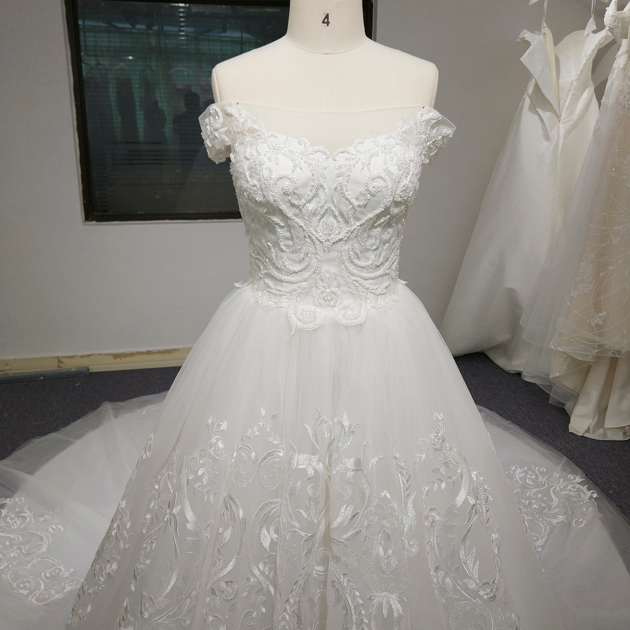 Luxury A-line Tulle Aplliqued Lace Wedding Dress with Off the Shoulder - Rosymae