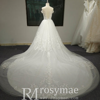 Luxury A-line Tulle Aplliqued Lace Wedding Dress with Off the Shoulder - Rosymae