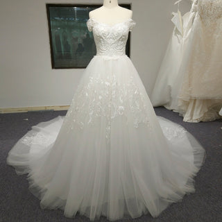 Luxury A-line Tulle Aplliqued Lace Wedding Dress with Off the Shoulder - Rosymae