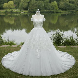 Luxury A-line Tulle Aplliqued Lace Wedding Dress with Off the Shoulder - Rosymae