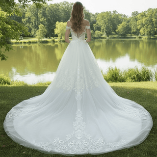 Luxury A-line Tulle Aplliqued Lace Wedding Dress with Off the Shoulder - Rosymae