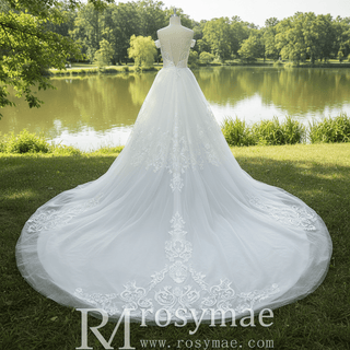 Luxury A-line Tulle Aplliqued Lace Wedding Dress with Off the Shoulder - Rosymae