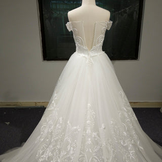 Luxury A-line Tulle Aplliqued Lace Wedding Dress with Off the Shoulder - Rosymae