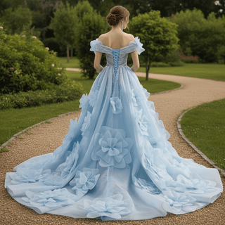 Luxury Baby Blue 2-in-1 Wedding Dress with Beaded & Detachable 3D Flower Overskirt - Rosymae