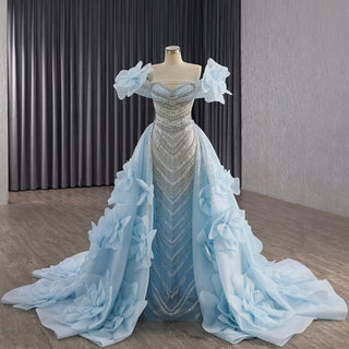 Luxury Baby Blue 2-in-1 Wedding Dress with Beaded & Detachable 3D Flower Overskirt - Rosymae