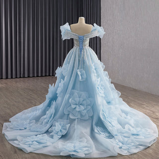 Luxury Baby Blue 2-in-1 Wedding Dress with Beaded & Detachable 3D Flower Overskirt - Rosymae